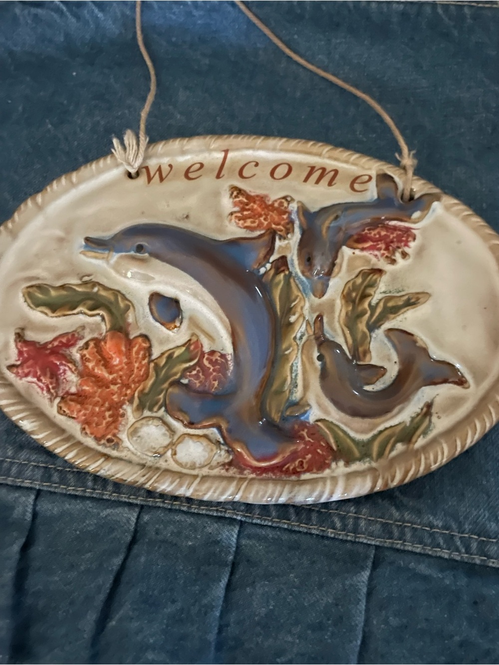 Welcome Dolphin Ceramic Wall Plaque - Blue & Cream